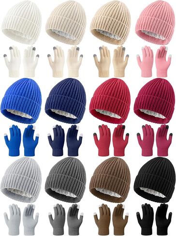 Suhine 24 Pcs/12 Set Winter Beanie Hat Gloves Set for Women Touchscreen Gloves Knitted Hats Fleece Plush Lined Warm Mittens for Women Cold Weather in Saudi Arabia