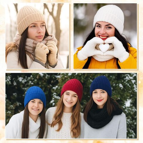 Suhine 24 Pcs/12 Set Winter Beanie Hat Gloves Set for Women Touchscreen Gloves Knitted Hats Fleece Plush Lined Warm Mittens for Women Cold Weather in Saudi Arabia