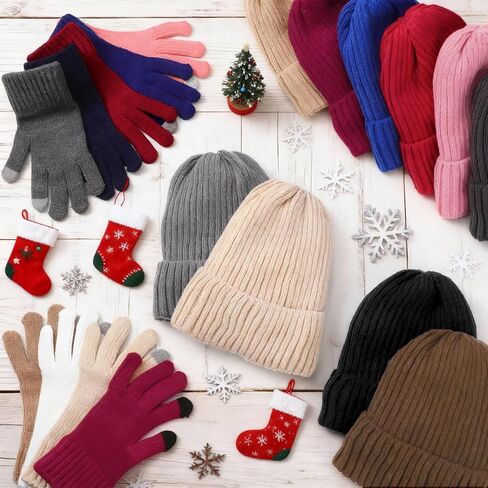 Suhine 24 Pcs/12 Set Winter Beanie Hat Gloves Set for Women Touchscreen Gloves Knitted Hats Fleece Plush Lined Warm Mittens for Women Cold Weather in Saudi Arabia