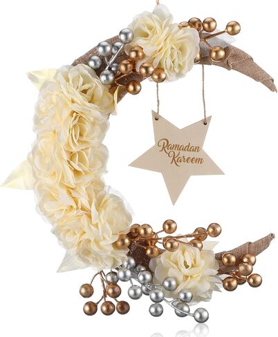 Eid Ramadan Mubarak Wreaths Ramadan Decorations for Home Front Door Eid Decor Round Metal Hoop Floral Hanging Garland for Wall Window Indoors Outdoor Farmhouse Decor (Classic) in Saudi Arabia