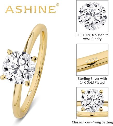 ASHINE 1 قيراط خاتم خطوبة مويسانيتي مستدير القطع، 925 فضة مطلية بالذهب سوليتير، VVS1 خاتم الوعد الوضوح للنساء in Kuwait