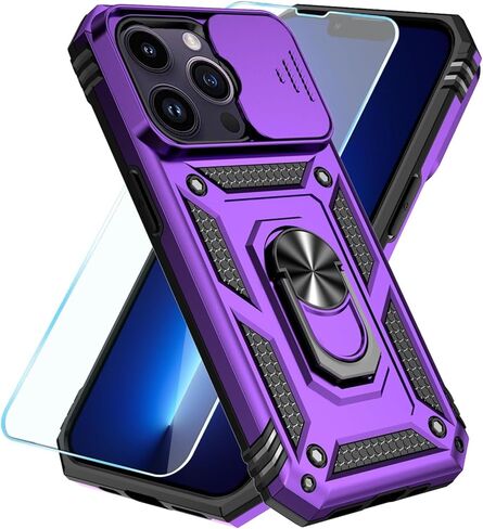 SunStory Compatible with iPhone 13 Pro Case with HD Screen Protector & Slide Camera Cover & Rotated Ring Kickstand, [Military-Grade] Phone Case for iPhone 13 Pro (Red) in Kuwait