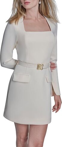 BCBG Womens Long Sleeve Square Neck Belted Structured A-line Mini Dress in Saudi Arabia