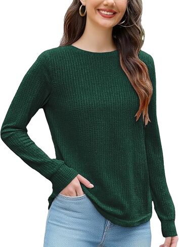 Women's Long Sleeve Shirt Waffle Knit Top Casual Spring Fall Everyday Versatile Machine Washable Crew Neck Tee in Saudi Arabia