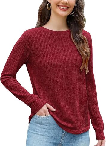 Women's Long Sleeve Shirt Waffle Knit Top Casual Spring Fall Everyday Versatile Machine Washable Crew Neck Tee in Saudi Arabia