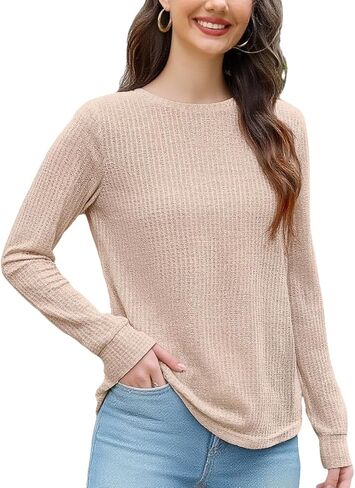 Women's Long Sleeve Shirt Waffle Knit Top Casual Spring Fall Everyday Versatile Machine Washable Crew Neck Tee in Saudi Arabia