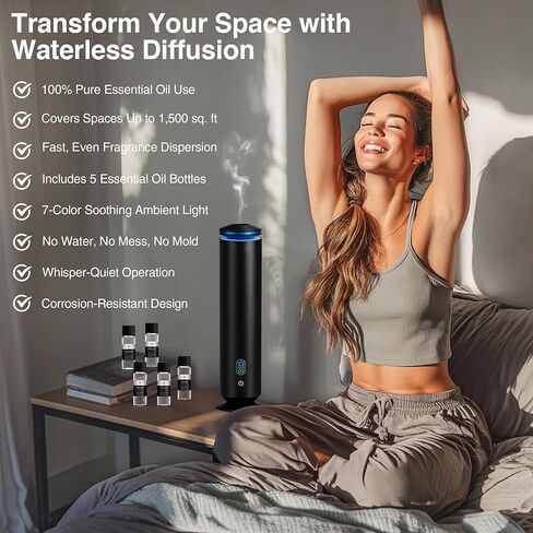 Waterless Scent Diffuser Starter Kit - 1500 Sq Ft Coverage, Scent Diffuser for Home, Hotel, Studio, Essential Oil Diffuser Large Room, 7 Mood Lights Setting, 5 Essential Oils Included, Black, 11.50In in Saudi Arabia