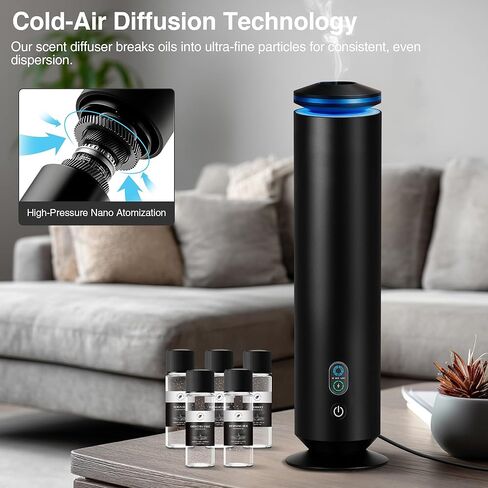 Waterless Scent Diffuser Starter Kit - 1500 Sq Ft Coverage, Scent Diffuser for Home, Hotel, Studio, Essential Oil Diffuser Large Room, 7 Mood Lights Setting, 5 Essential Oils Included, Black, 11.50In in Saudi Arabia