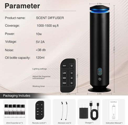 Waterless Scent Diffuser Starter Kit - 1500 Sq Ft Coverage, Scent Diffuser for Home, Hotel, Studio, Essential Oil Diffuser Large Room, 7 Mood Lights Setting, 5 Essential Oils Included, Black, 11.50In in Saudi Arabia