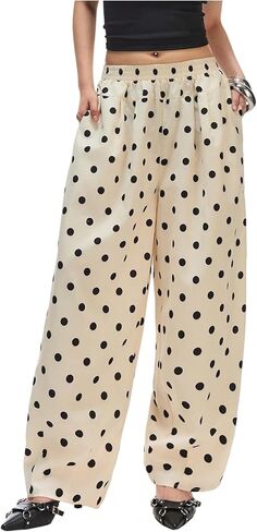 MakeMeChic Women's Polka Dots Wide Leg Pants Summer High Waisted Baggy Barrel Pants in Kuwait