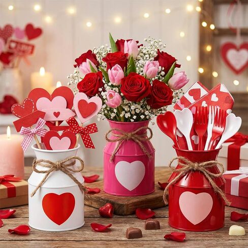 3 قطع من Domensi لطاولة عيد الحب المركزية لعلبة حليب عيد الحب مزهرية ديكور مزهريات معدنية مجلفنة للزهور حامل أواني القلب وعاء وعاء للمطبخ والمنزل وحفلات الزفاف وديكورات حفلات Galentines in Kuwait