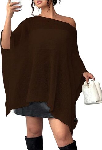 Floerns Women's Plus Size Sheer Poncho Top Long Sleeve Crochet Knitted Off The Shoulder Cover Up Tops in Saudi Arabia