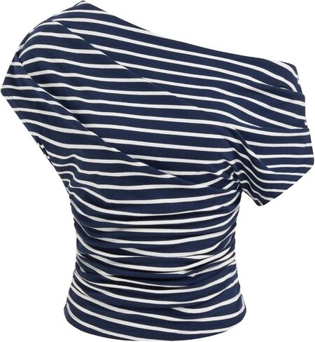 CIDER Striped Ruched Off The Shoulder Going Out Tops Cotton Blend for Womens Asymmetrical Neck Short Sleeve Fitted Tops in Saudi Arabia