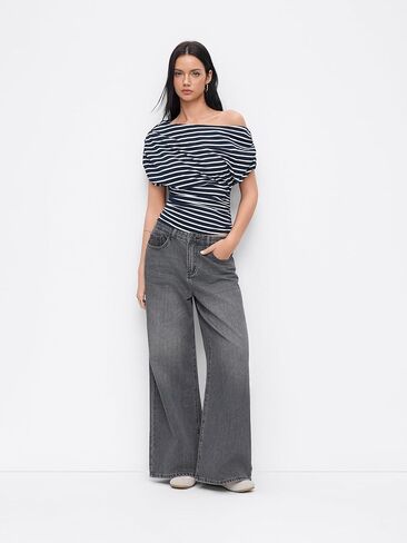CIDER Striped Ruched Off The Shoulder Going Out Tops Cotton Blend for Womens Asymmetrical Neck Short Sleeve Fitted Tops in Saudi Arabia