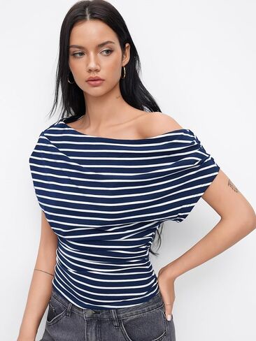 CIDER Striped Ruched Off The Shoulder Going Out Tops Cotton Blend for Womens Asymmetrical Neck Short Sleeve Fitted Tops in Saudi Arabia
