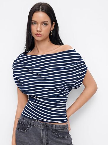CIDER Striped Ruched Off The Shoulder Going Out Tops Cotton Blend for Womens Asymmetrical Neck Short Sleeve Fitted Tops in Saudi Arabia