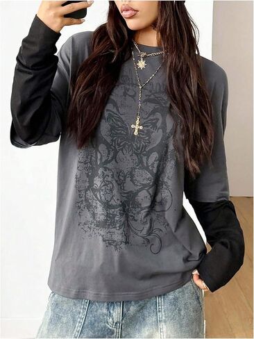 SOLY HUX Women's Y2k Gothic Graphic Tees Long Sleeve Crew Neck Oversized T Shirt 2 in 1 Tee Tops Streetwear in Saudi Arabia