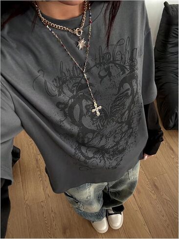 SOLY HUX Women's Y2k Gothic Graphic Tees Long Sleeve Crew Neck Oversized T Shirt 2 in 1 Tee Tops Streetwear in Saudi Arabia