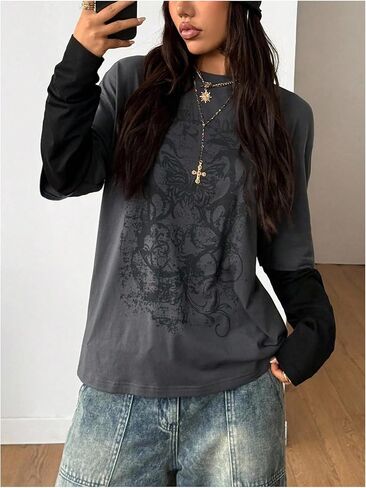 SOLY HUX Women's Y2k Gothic Graphic Tees Long Sleeve Crew Neck Oversized T Shirt 2 in 1 Tee Tops Streetwear in Saudi Arabia