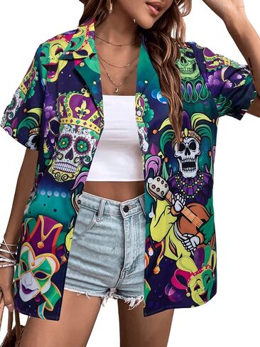Mardi Gras T-Shirt Hawaii Shirts Women Street Carnival Themed Masks Graphic Tees Beach Vacation Short Sleeve Button Up Tops in Saudi Arabia