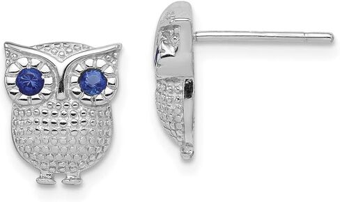 Real 925 Sterling Silver Blue Synthetic Sapphire Blue September Gemstone Owl Post Studs Earrings - 11mm x 9mm in Saudi Arabia
