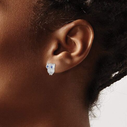 Real 925 Sterling Silver Blue Synthetic Sapphire Blue September Gemstone Owl Post Studs Earrings - 11mm x 9mm in Saudi Arabia