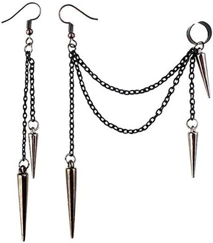 DAMLENG Lightweight Unique Black Punk Long Tassel Chain Ear Cuff Earrings 316L Stainless Steel Vintage Barrel Nails Crawler Climer Dangle Drop Earrings for Men Women Unisex (Black) in Saudi Arabia