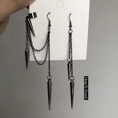 DAMLENG Lightweight Unique Black Punk Long Tassel Chain Ear Cuff Earrings 316L Stainless Steel Vintage Barrel Nails Crawler Climer Dangle Drop Earrings for Men Women Unisex (Black) in Saudi Arabia