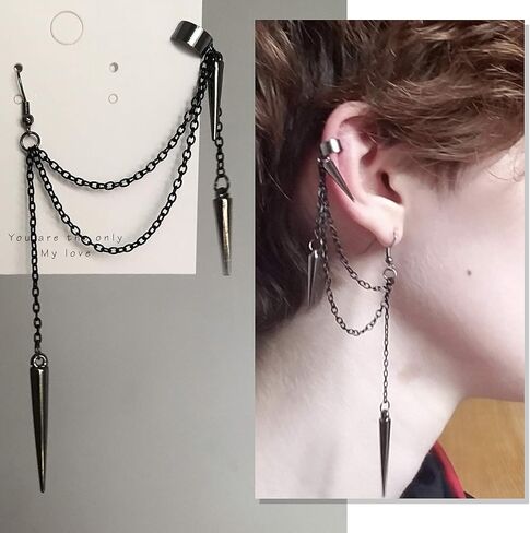 DAMLENG Lightweight Unique Black Punk Long Tassel Chain Ear Cuff Earrings 316L Stainless Steel Vintage Barrel Nails Crawler Climer Dangle Drop Earrings for Men Women Unisex (Black) in Saudi Arabia