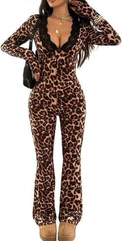 Women's Sexy Leopard Print Jumpsuit Lace V Neck Long Sleeve One Piece Outfits Y2K Bodycon Cheetah Rompers Club Wear in Saudi Arabia