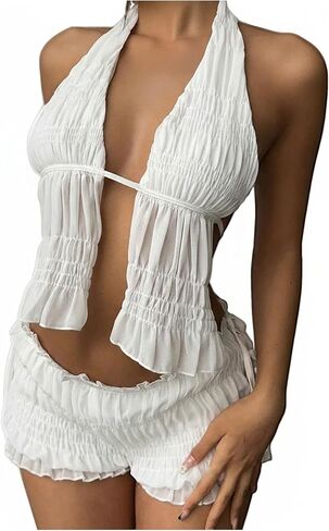 OYOANGLE Women's 2 Piece Set Textured Backless Halter Crop Top and Tie Side Bloomers Shorts Y2K Outfits in Saudi Arabia