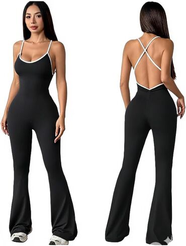 بذلة نسائية مضلعة ذات ساق واسعة - بذلة من قطعة واحدة للنساء بذلة واسعة للتمارين الرياضية بدون ظهر in Kuwait