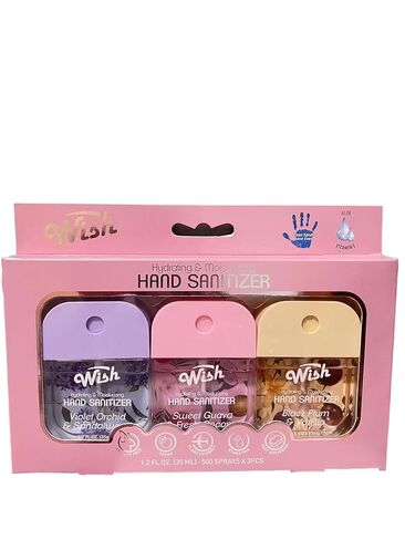 مجموعة بخاخ معقم لليدين من Wish، 3 قطع، 1.5 أونصة لكل منها مع أوركيد البنفسج، البرقوق الأسود وعطور كريم جوز الهند، 70% كحول، 500 رذاذ لكل زجاجة، حجم مناسب للسفر (أوركيد البنفسج) in Kuwait