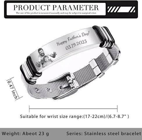 تخصيص نقش الصور للرجال سوار الفولاذ المقاوم للصدأ، صورة منقوشة بنص مخصص للرجال سوار الفولاذ المقاوم للصدأ، عيد الأب، الأخ، هدية يوم الكبار in Kuwait