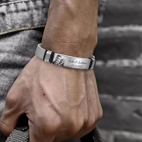 تخصيص نقش الصور للرجال سوار الفولاذ المقاوم للصدأ، صورة منقوشة بنص مخصص للرجال سوار الفولاذ المقاوم للصدأ، عيد الأب، الأخ، هدية يوم الكبار in Kuwait