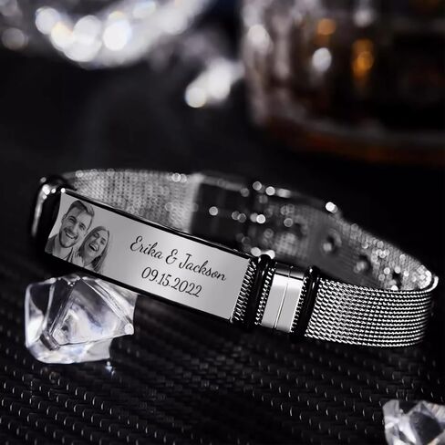 تخصيص نقش الصور للرجال سوار الفولاذ المقاوم للصدأ، صورة منقوشة بنص مخصص للرجال سوار الفولاذ المقاوم للصدأ، عيد الأب، الأخ، هدية يوم الكبار in Kuwait
