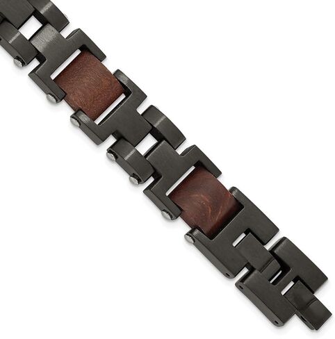 Stainless Steel Brushed Black IP-plated with Wood Inlay Link Chain Bracelet 8" with .5" Extension in Saudi Arabia