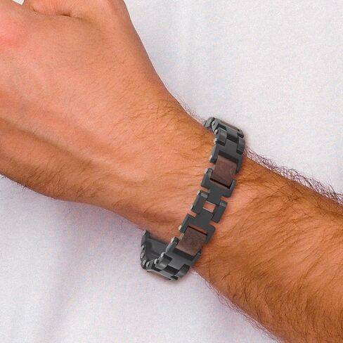 Stainless Steel Brushed Black IP-plated with Wood Inlay Link Chain Bracelet 8" with .5" Extension in Saudi Arabia