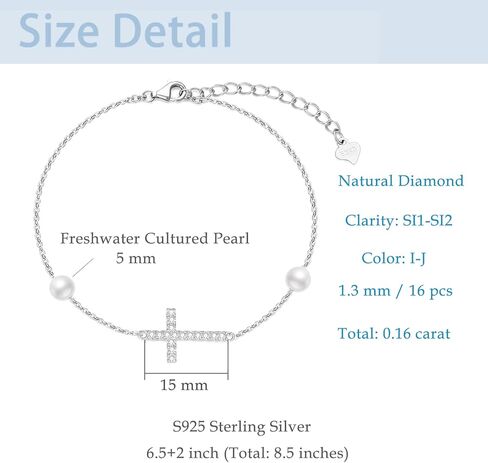 Sterling Silver 0.15 carat Natural Diamond Cross Bracelet for Women, Christian Jewelry Gifts for Her, 6.5-8.5 Inches in Saudi Arabia