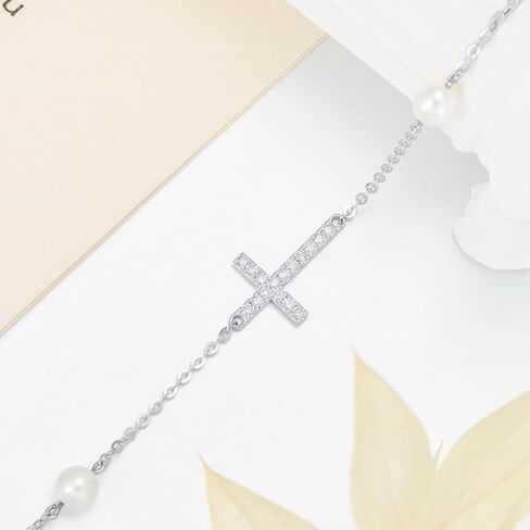 Sterling Silver 0.15 carat Natural Diamond Cross Bracelet for Women, Christian Jewelry Gifts for Her, 6.5-8.5 Inches in Saudi Arabia