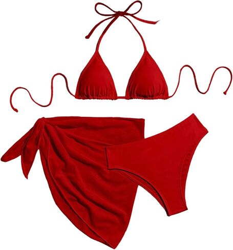 GORGLITTER Women's 3 Piece Bikini High Cut Halter Triangle Swimsuit with Cover Up in Saudi Arabia