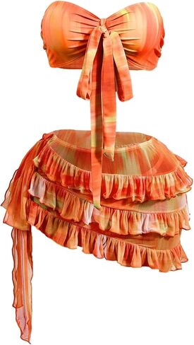 SweatyRocks Women's 3 Piece Bandeau Swimsuits Tie Dye Print Tie Front Bikini Sets with Ruffled Cover Up Skirt in Saudi Arabia