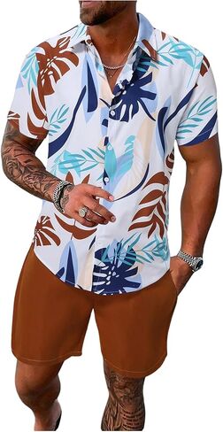 SOLY HUX Men's 2 Piece Beach Vacation Outfit Tropical Print Button Down Shirt and Drawstring Shorts Set in Saudi Arabia