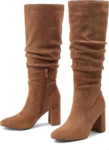 Eteridrey Knee High Boots Womens Chunky Heels Side Zipper Slouchy Boots Comfortable Faux Suede Riding Mid Calf Boots… in Kuwait