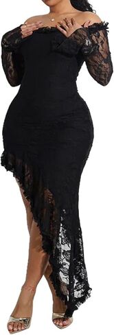 Women Sexy Off Shoulder Bodycon Lace Dress Ruffles Irregular Y2K Flared Long Sleeve Midi Cocktail Dress in Saudi Arabia