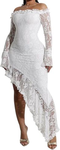 Women Sexy Off Shoulder Bodycon Lace Dress Ruffles Irregular Y2K Flared Long Sleeve Midi Cocktail Dress in Saudi Arabia