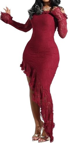 Women Sexy Off Shoulder Bodycon Lace Dress Ruffles Irregular Y2K Flared Long Sleeve Midi Cocktail Dress in Saudi Arabia