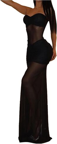 Women's Mesh Sheer Ruched Tube Top Dress Formal Strapless Bodycon Maxi Evening Party Cocktail Dresses in Saudi Arabia