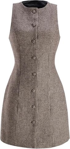 Women's Houndstooth Button Down Dress Elegant Tie Back Mini Cocktail Dresses Business Casual Outfits in Saudi Arabia