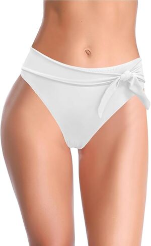Women's Tie Knot Front Swim Bottoms Mid Waisted Bikini Bottoms in Saudi Arabia